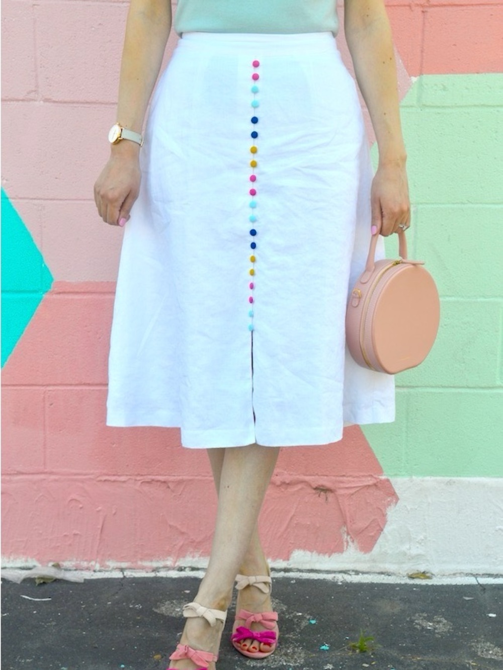 Boden Cecelia Linen Midi Skirt with Colorful rainbow Buttons